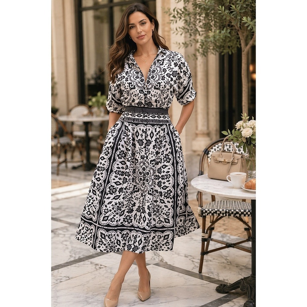 NWT Ann Taylor Satin Midi Dress Medallion Print Pockets Button Front Size 4